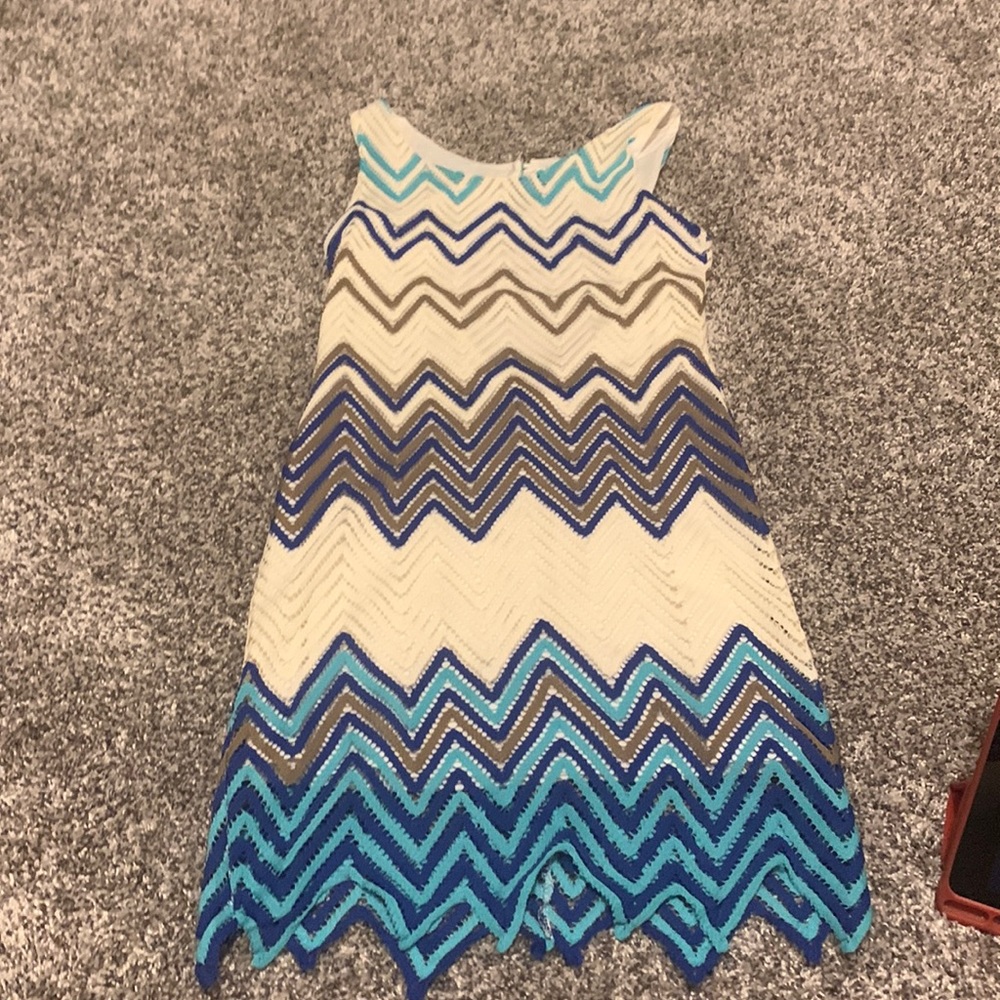 Dress with open back end button teal dark blue gray with cream underlying dress